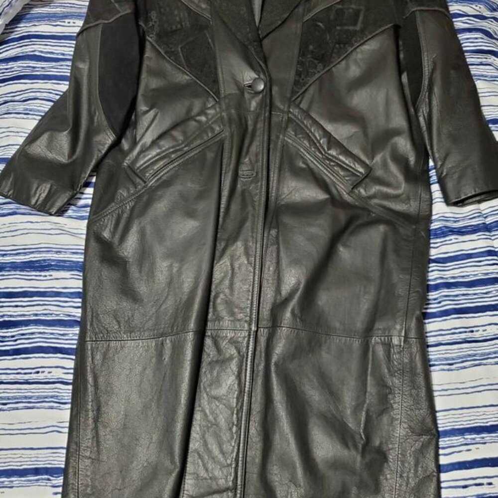 Vintage Outbrook Fancy Black Leather Trench Coat